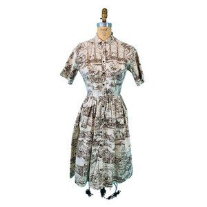 Vintage 50s Novelty Print Dress Womens Small Scenic Brown Seaside Town Ship Shir